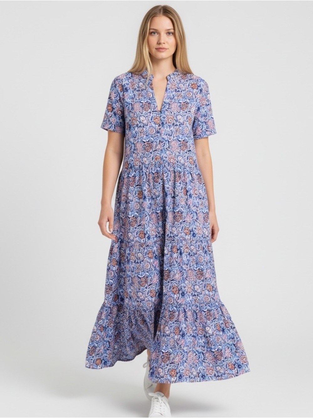 Dolma Alia Floral Maxi Dress Sz L Blue Tiered Cotton Boho Cottagecore Prairie